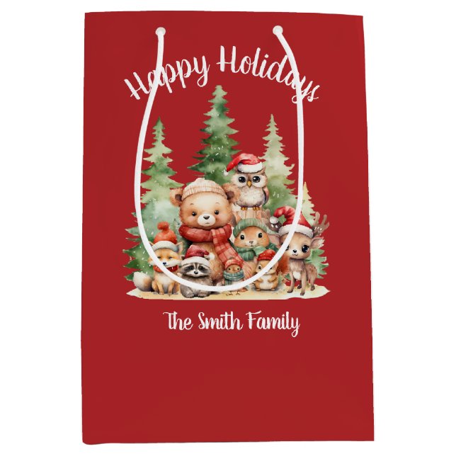 RUSTIC CHRISTMAS WOODLAND ANIMALS MEDIUM GIFT BAG (Front)