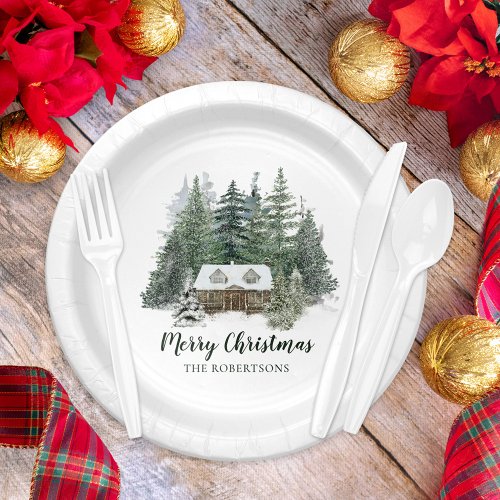 Rustic Christmas Woodland Cabin Paper Plates