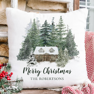 Rustic Christmas Woodland Cabin Throw Pillow