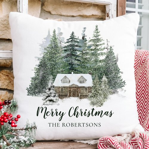 Rustic Christmas Woodland Cabin Throw Pillow