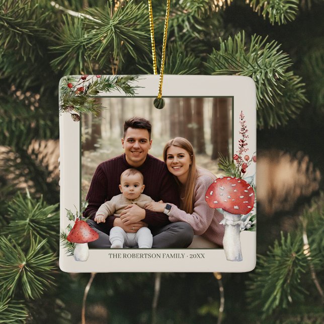 Rustic Christmas Woodland Mushrooms Photo Ceramic Ornament (Creator Uploaded)