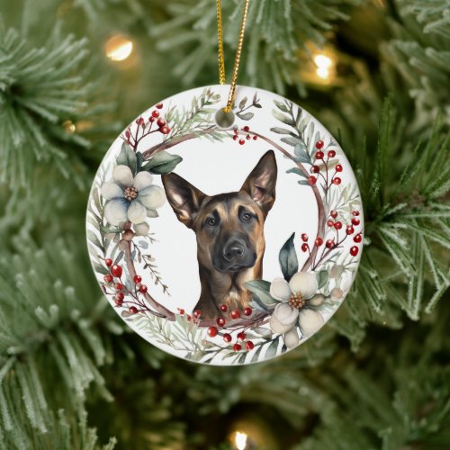Rustic Christmas Wreath Belgian Malinois Dog Ceramic Ornament