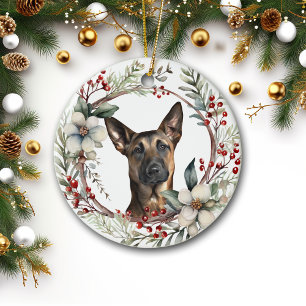 Rustic Christmas Wreath Belgian Malinois Dog Ceramic Ornament