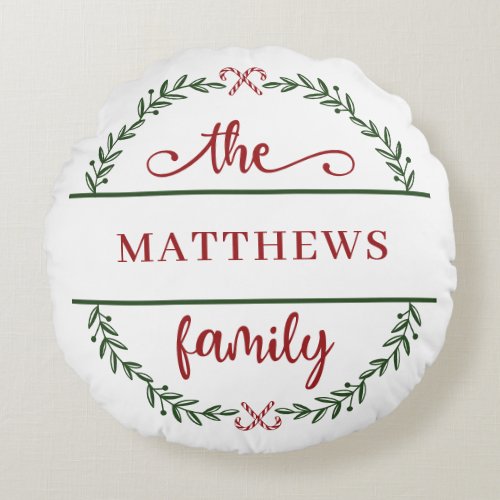 Rustic Christmas Wreath Family Name Holiday  Throw Round Pillow