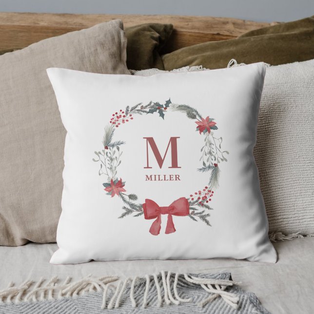 Rustic Christmas Wreath Family Name Monogram Throw Pillow (Creator Uploaded)