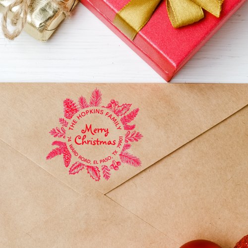 Rustic Christmas Wreath Family Name Return Address Rubber Stamp