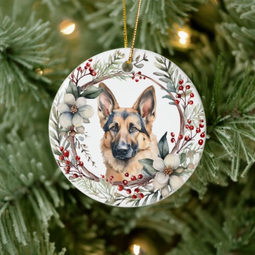 Rustic Christmas Wreath German Shepherd Dog Ceramic Ornament