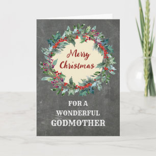 Rustic Christmas Wreath Godmother Merry Christmas Card