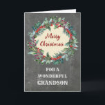 Rustic Christmas Wreath Grandson Christmas Card<br><div class="desc">Merry Christmas for grandson card with rustic watercolor christmas wreath,  vintage chalkboard pattern and thoughtful verse.</div>