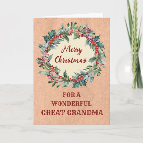 Rustic Christmas Wreath Great Grandma Christmas Card