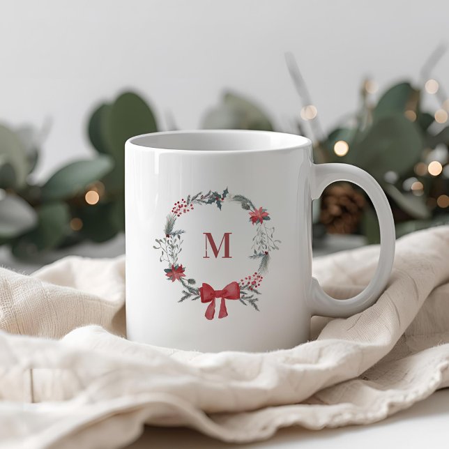 Rustic Christmas Wreath Initial Holiday Gift Coffee Mug (Creator Uploaded)