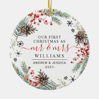 Rustic Christmas Wreath | Mr. & Mrs. Photo Ceramic Ornament