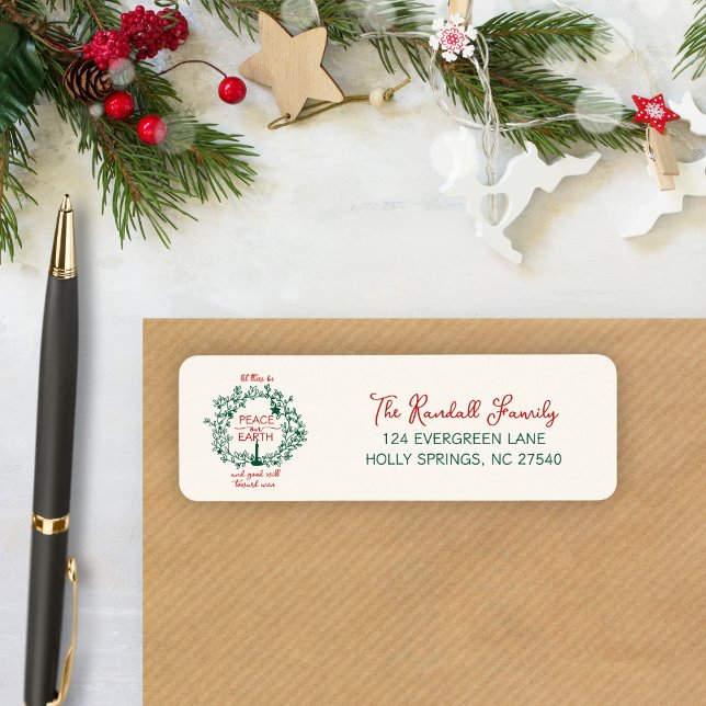 Rustic Christmas Wreath Peace on Earth Holiday Label (Elegant red and green wreath design with personalized family name & address.
)