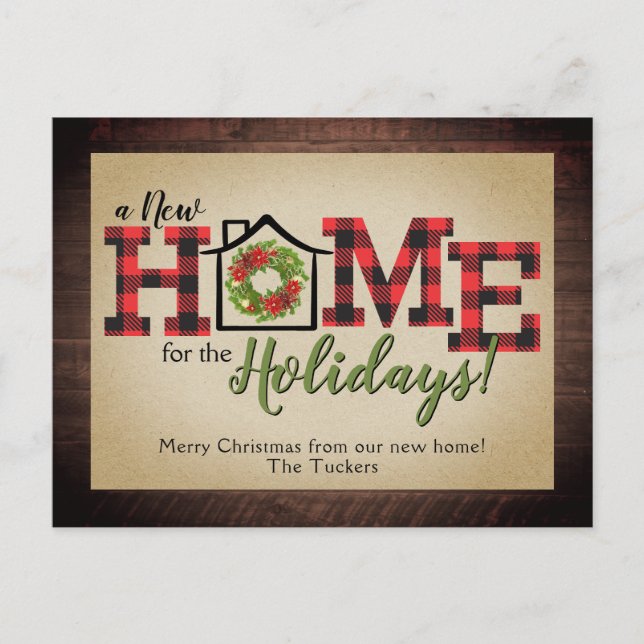 Rustic Christmas Wreath Plaid Wood New HOME Moving Postcard (Front)