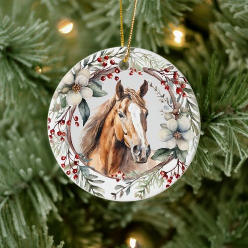 Rustic Christmas Wreath Sorrel Red Horse Ceramic Ornament
