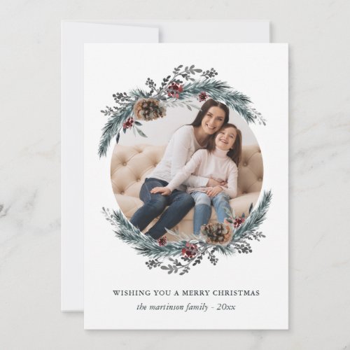 Rustic Christmas Wreath Two Photo Holiday Card