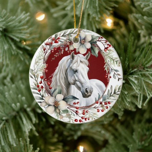 Rustic Christmas Wreath White Horse Ceramic Ornament