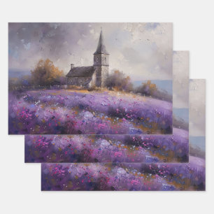 Rustic Church and Purple Wildflower Field Painting Wrapping Paper Sheets