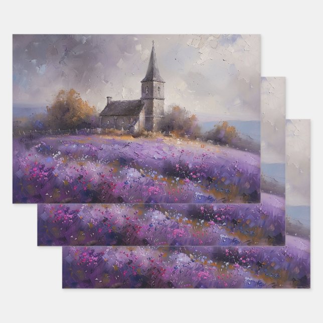 Rustic Church and Purple Wildflower Field Painting Wrapping Paper Sheets (Set)