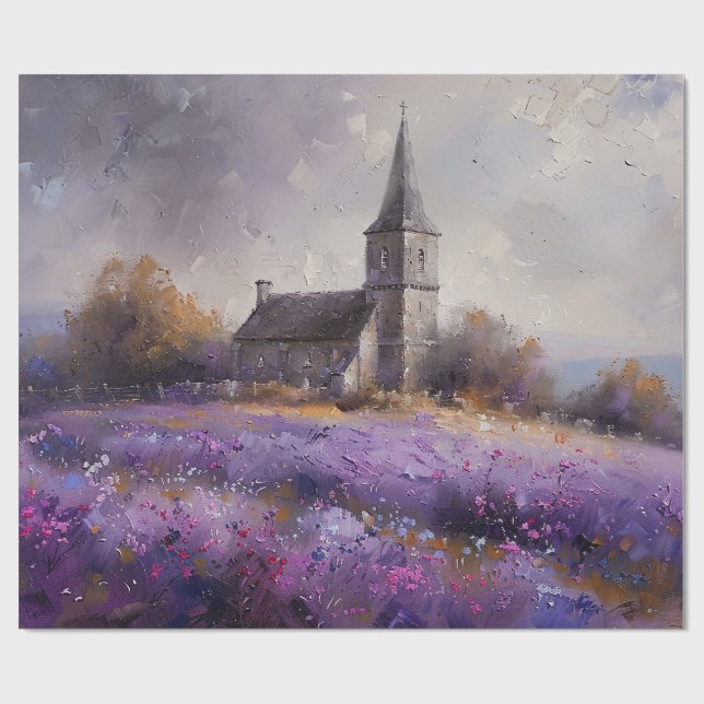 Rustic Church and Purple Wildflowers Decoupage Wrapping Paper (Flat)