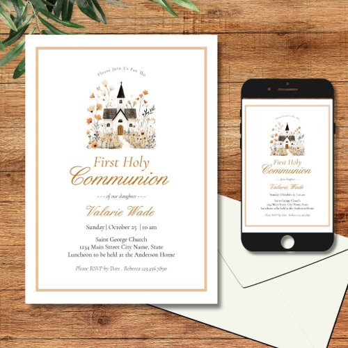 Rustic Church Floral Girls Holy Communion Invitation