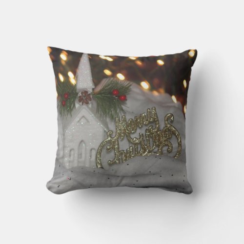 Rustic Church Merry Christmas White Gold Green Throw Pillow