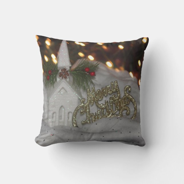 Rustic Church Merry Christmas White Gold Green Throw Pillow (Front)