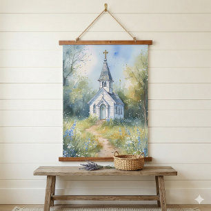 Rustic Church Path in Wildflower Meadow Hanging Tapestry