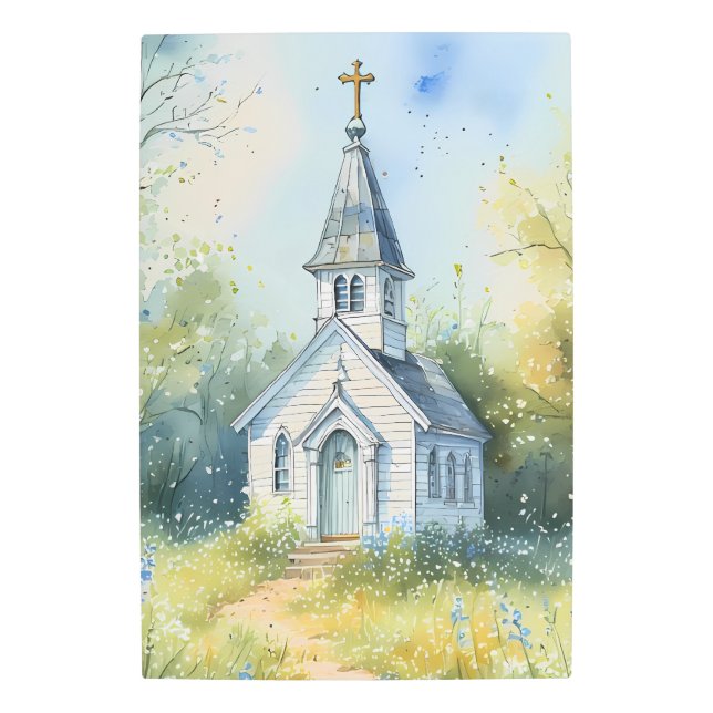 Rustic Church Path in Wildflower Meadow Metal Print (Front)