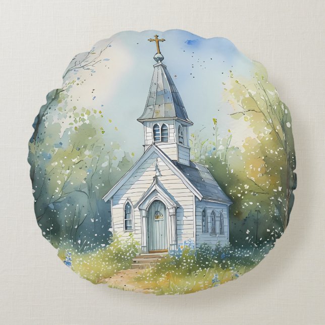 Rustic Church Path in Wildflower Meadow Round Pillow (Front)