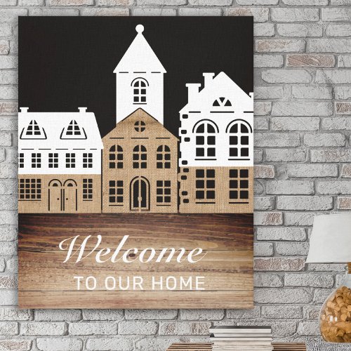 Rustic Church Village Black White Brown Welcome Canvas Print