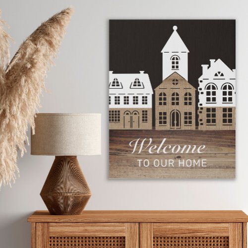 Rustic Church Village Black White Brown Welcome Faux Canvas Print