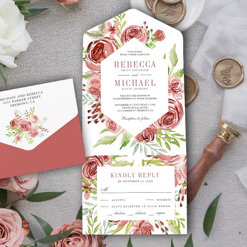 Rustic Cinnamon Rose Dusky Pink Floral Wedding All In One Invitation