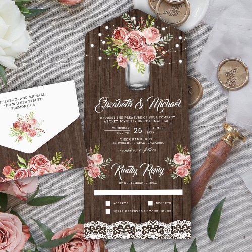 Rustic Cinnamon Rose Floral Mason Jar Wood Wedding All In One Invitation