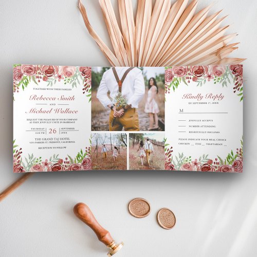 Rustic Cinnamon Rose Floral Photo Collage Wedding Tri_Fold Invitation