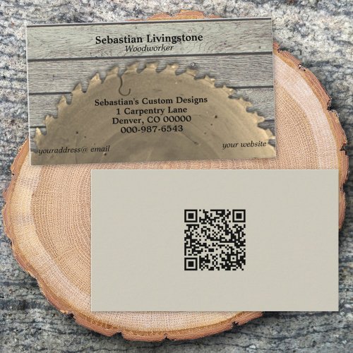 Rustic Circular Saw Carpentry QR Code Back Business Card