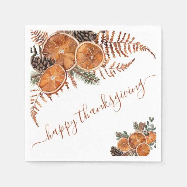 Rustic Citrus And Pine Happy Thanksgiving Napkins (Front)