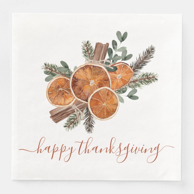 Rustic Citrus And Pine Happy Thanksgiving Paper Dinner Napkins (Front)