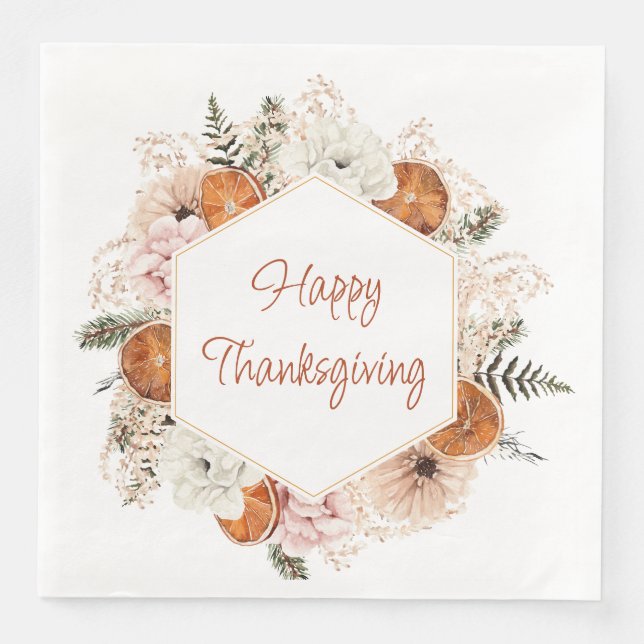 Rustic Citrus And Pine Happy Thanksgiving Paper Dinner Napkins (Front)