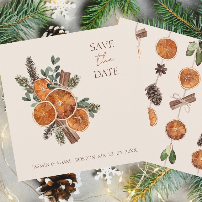 Rustic Citrus and Pine Winter Wedding Save The Date (Winter Orange Slices Dried Citrus Cinnamon Wedding Save the Date Card)