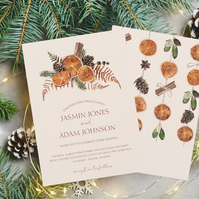Rustic Citrus Fern and Pine Winter Wedding Invitation (Winter Orange Slices Dried Citrus Cinnamon Wedding Invitation)