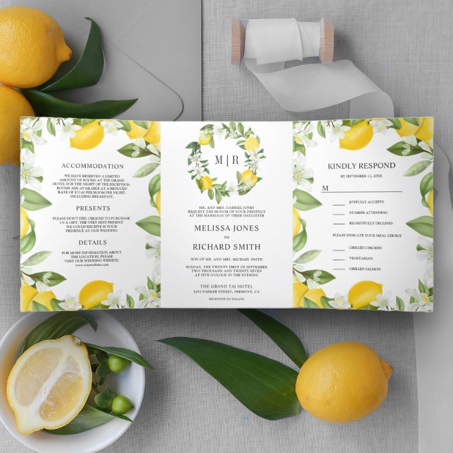 Rustic Citrus Lemon Orchard All in One Wedding Tri-Fold Invitation (Creator Uploaded)