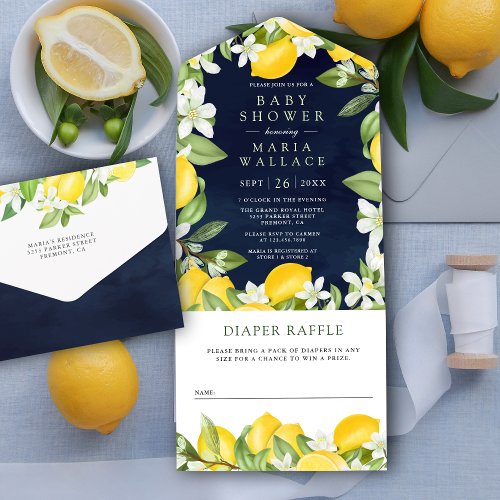 Rustic Citrus Lemon Orchard Navy Blue Baby Shower All In One Invitation