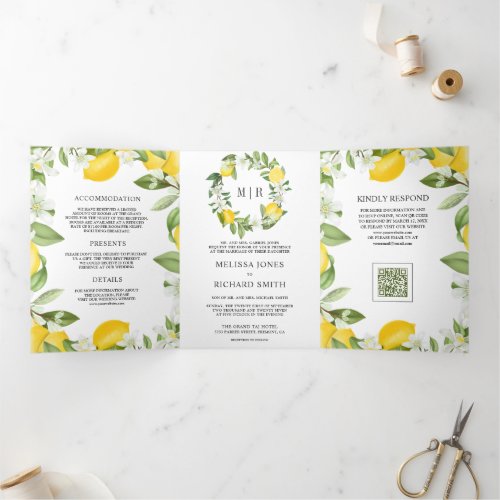 Rustic Citrus Lemon Orchard QR Code Wedding Tri-Fold Invitation