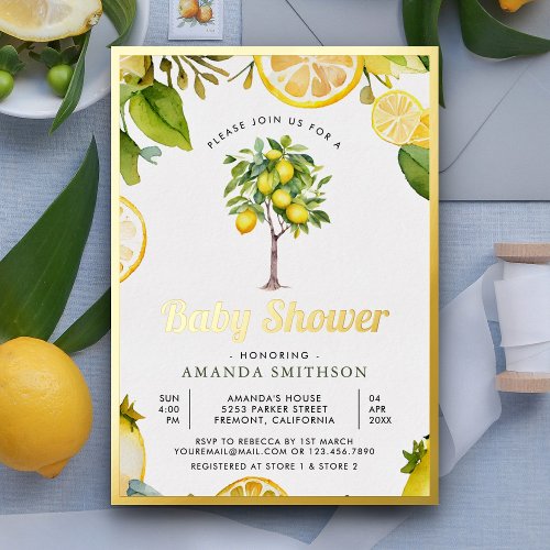 Rustic Citrus Lemon Tree Baby Shower Gold Foil Invitation