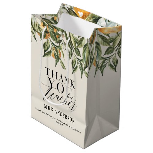 Rustic citrus orange botanical thank you teacher medium gift bag