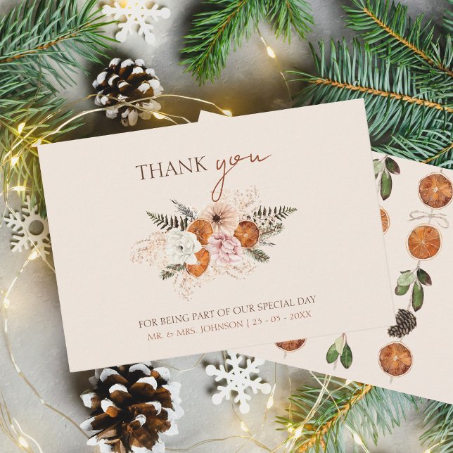Rustic Citrus Peach and White Floral Wedding Thank You Card (Winter Orange Slices Dried Citrus Cinnamon Wedding Thank You Card)