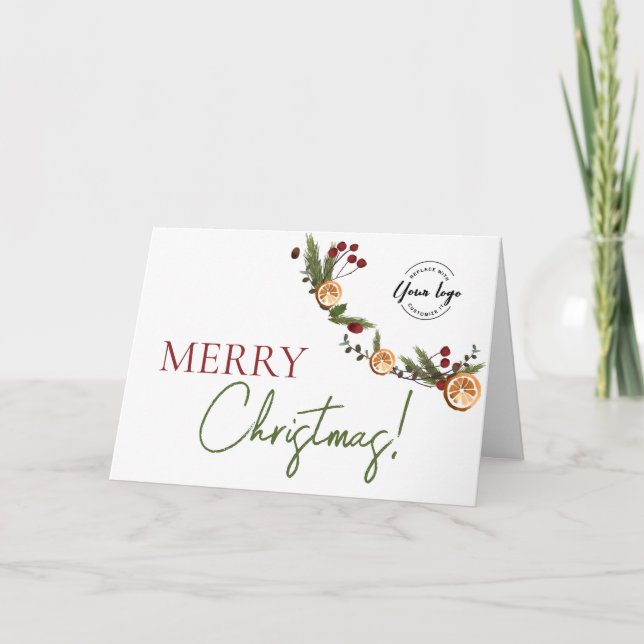 Rustic Citrus & Pine Corporate Merry Christmas Holiday Card (Front)