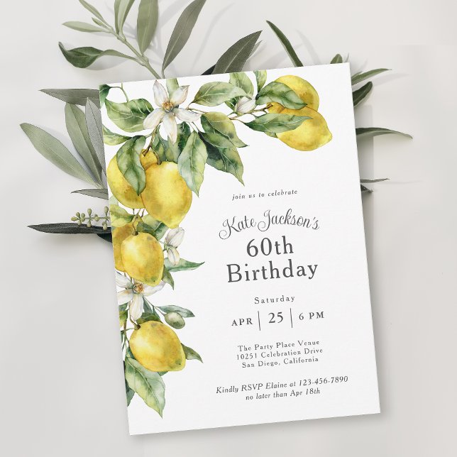 Rustic Citrus Watercolor Lemons 60th Birthday Invitation (Available in both printed and digital download formats.)