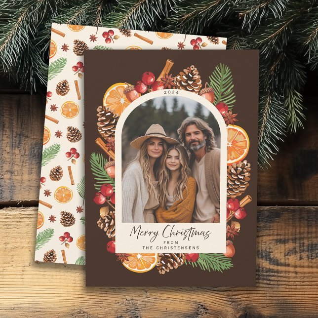 Rustic Citrus Winter Botanical Photo Christmas Holiday Card (Front + Back shown on a 5" x 7" card)